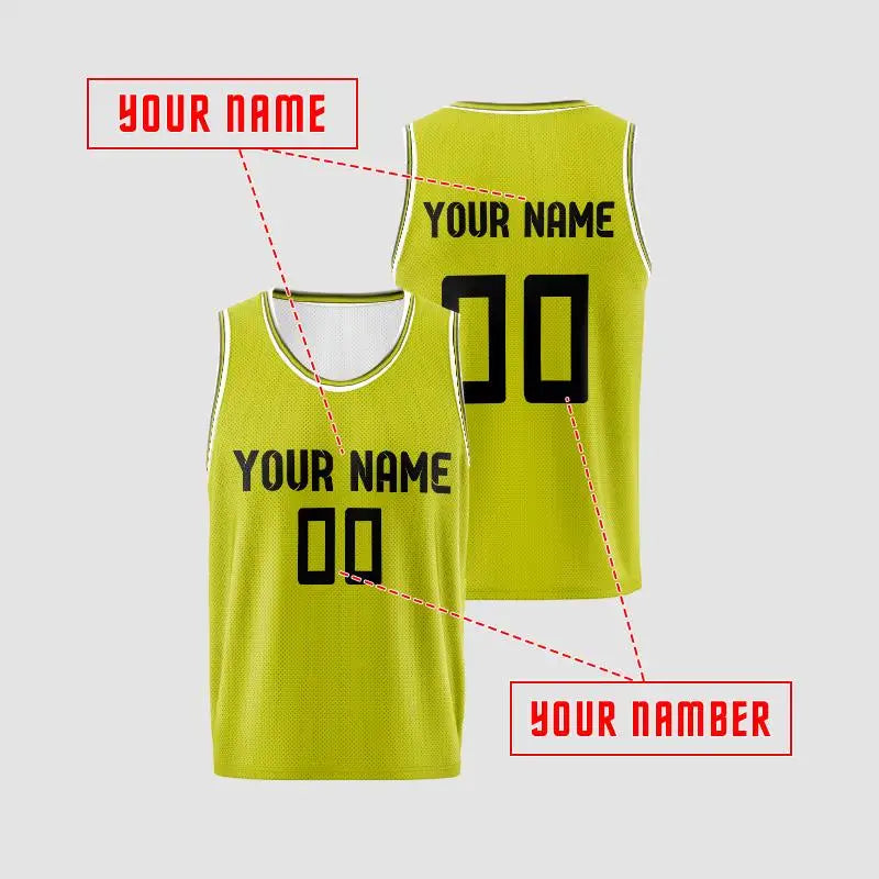 Lime‑Yellow White‑Trim Custom Kids Basketball Jersey, Breathable Mesh Quick‑Dry Sport Tank With Personalized Name Number