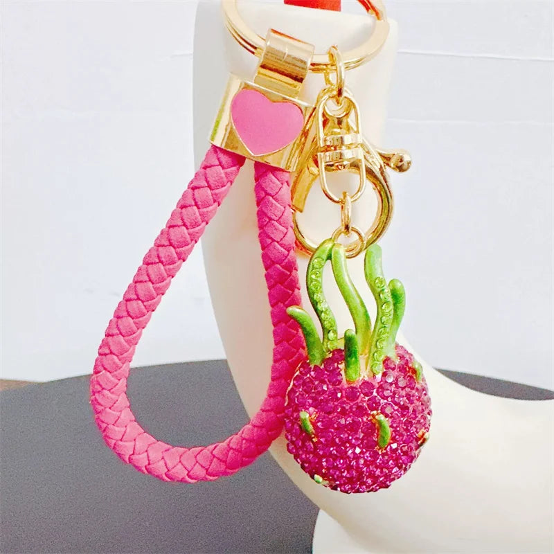 Cute Rhinestone Fruit Charms Keychain Lovely Fruit Pendants Keyrings For Women Kids Car Key Decor Party Jewelry Gift