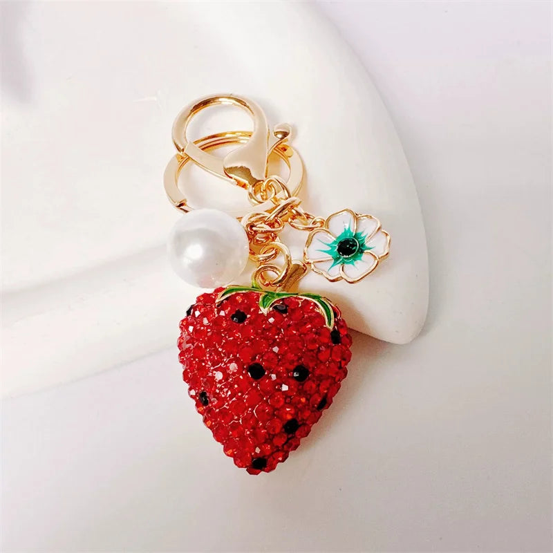 Cute Rhinestone Fruit Charms Keychain Lovely Fruit Pendants Keyrings For Women Kids Car Key Decor Party Jewelry Gift