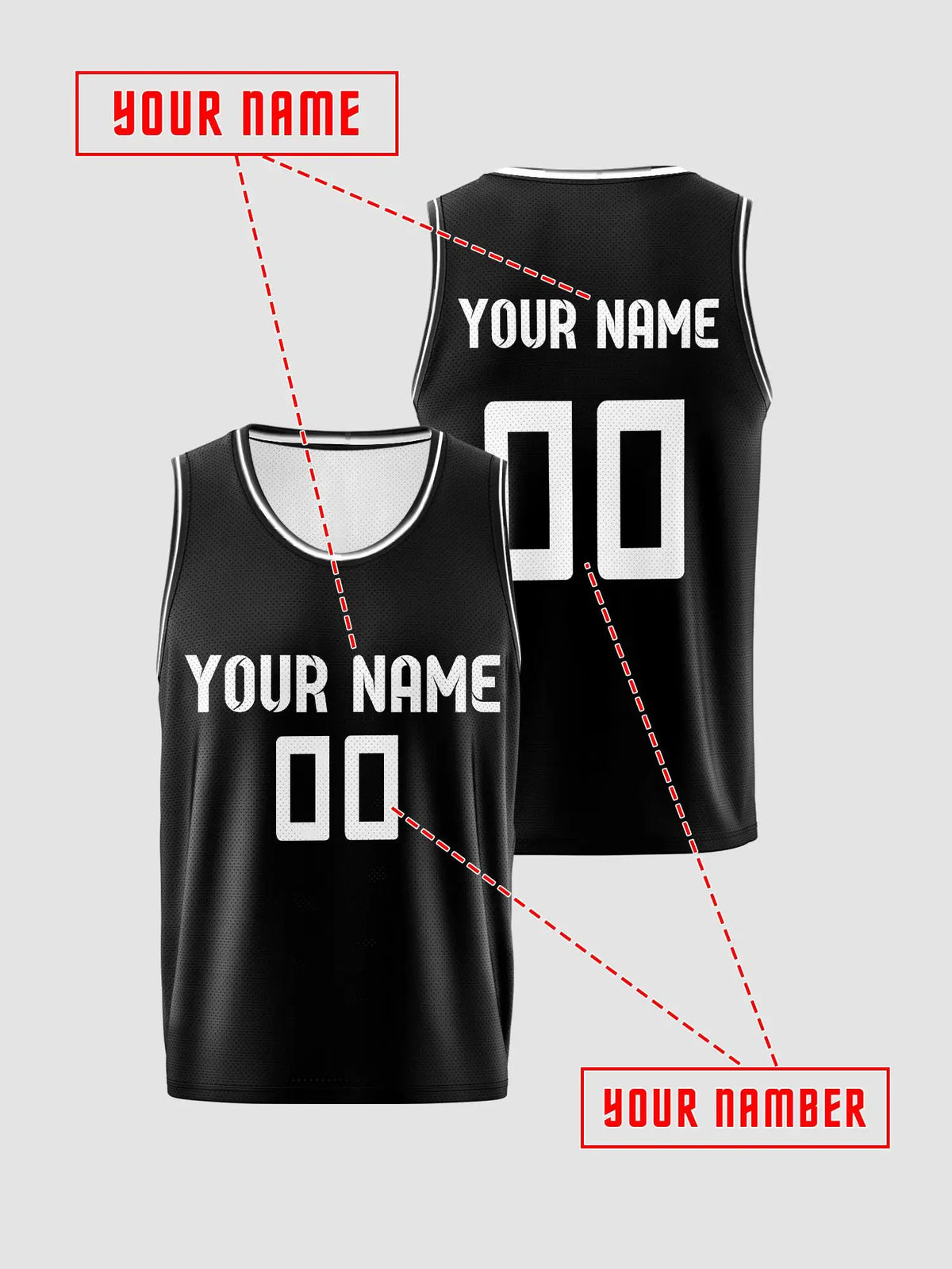 Solid‑Black White‑trim Custom Basketball Jersey, Breathable Mesh Vest For Name & Number Print