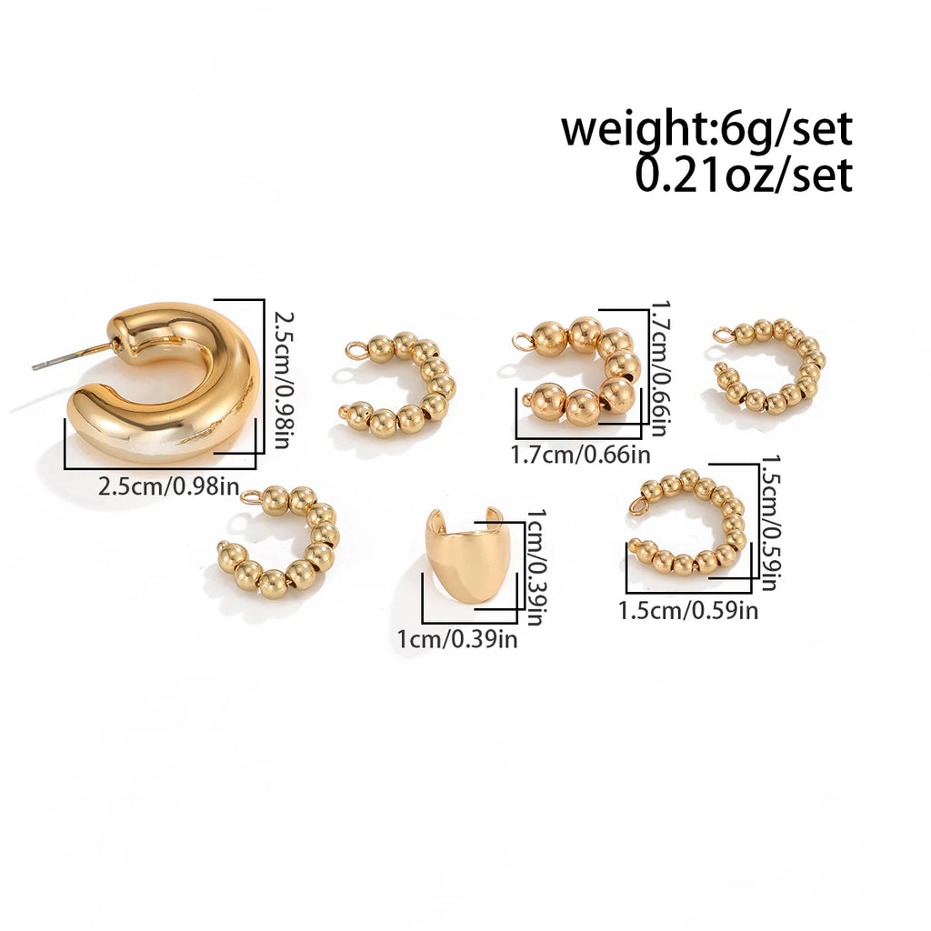 Ingemark 7Pcs/Set Punk Trendy CCB Beads Clip Earrings for Women Vintage Geometry Metal C Shape Earring Party Jewelry Accessories