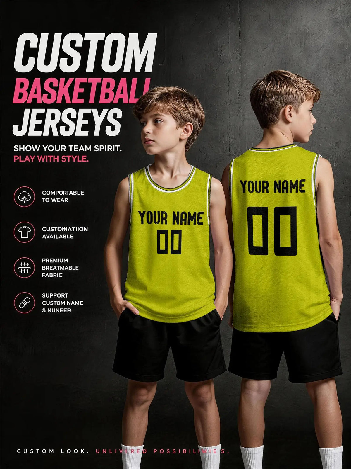 Lime‑Yellow White‑Trim Custom Kids Basketball Jersey, Breathable Mesh Quick‑Dry Sport Tank With Personalized Name Number