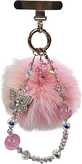 Beaded Phone Charm with Pom-pom &amp; 360° Rotating Steel Tether Tab
