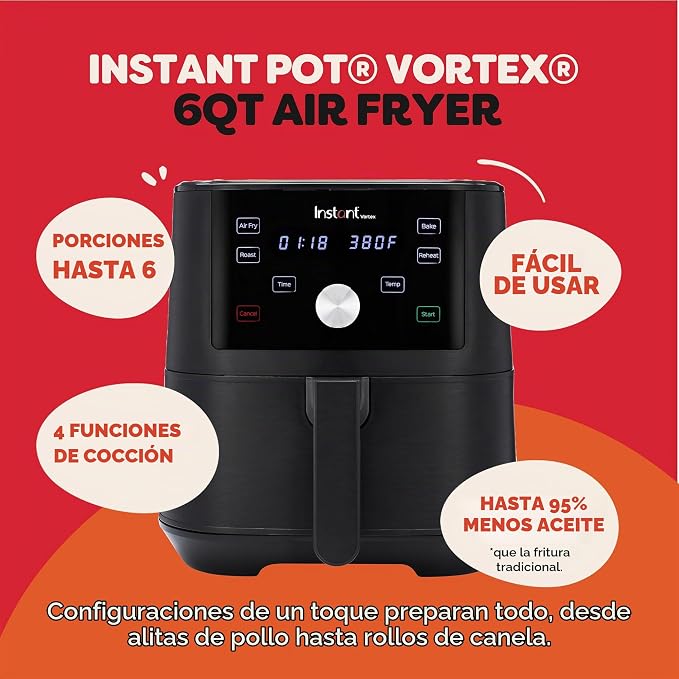 Instant Pot Vortex - Freidora de aire XL de 6 cuartos de galón, funciones 4 en 1 que hace crujiente, asa, recalienta, hornea para comidas rápidas y fáciles, más de 100 recetas en la aplicación,