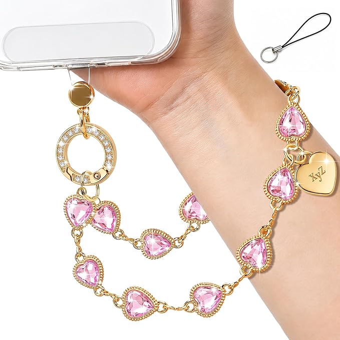 XYZ Heart Phone Charm Wrist Strap，Sparkle Phone Chain Wristlet，Pink