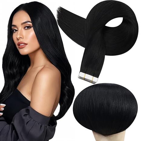 Full Shine - Extensiones de cabello humano Remy, con cinta adhesiva de doble cara, sin costuras, color 1 negro azabache, 45.5 cm, 50 g, 20 unidades