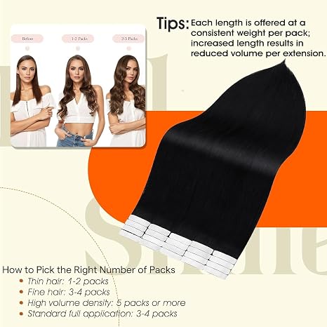 Full Shine - Extensiones de cabello humano Remy, con cinta adhesiva de doble cara, sin costuras, color 1 negro azabache, 45.5 cm, 50 g, 20 unidades