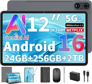 Tablet de 12 pulgadas con teclado - 2026 Gemini AI Android 16 Tablet, funda 24GB+256GB+2TB Expand, 2K Tablets PC con 8 núcleos, 8000mAh, 120Hz 2000x1200, GMS, 2 en 1 tabletas grandes con funda, mouse