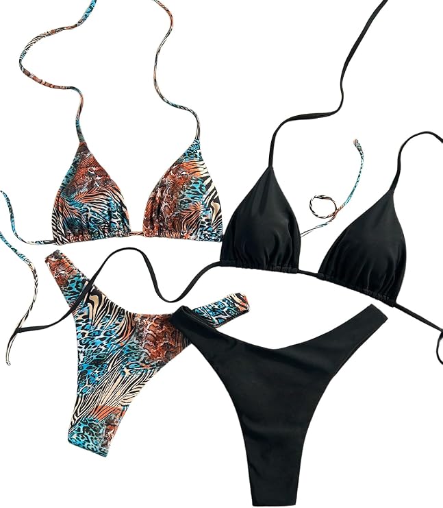 Conjunto de bikini con cuello halter de leopardo para mujer,