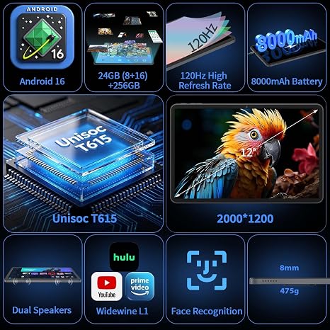 Tablet de 12 pulgadas con teclado - 2026 Gemini AI Android 16 Tablet, funda 24GB+256GB+2TB Expand, 2K Tablets PC con 8 núcleos, 8000mAh, 120Hz 2000x1200, GMS, 2 en 1 tabletas grandes con funda, mouse