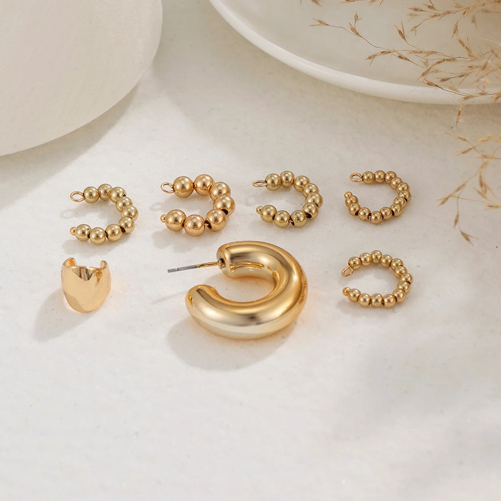 Ingemark 7Pcs/Set Punk Trendy CCB Beads Clip Earrings for Women Vintage Geometry Metal C Shape Earring Party Jewelry Accessories