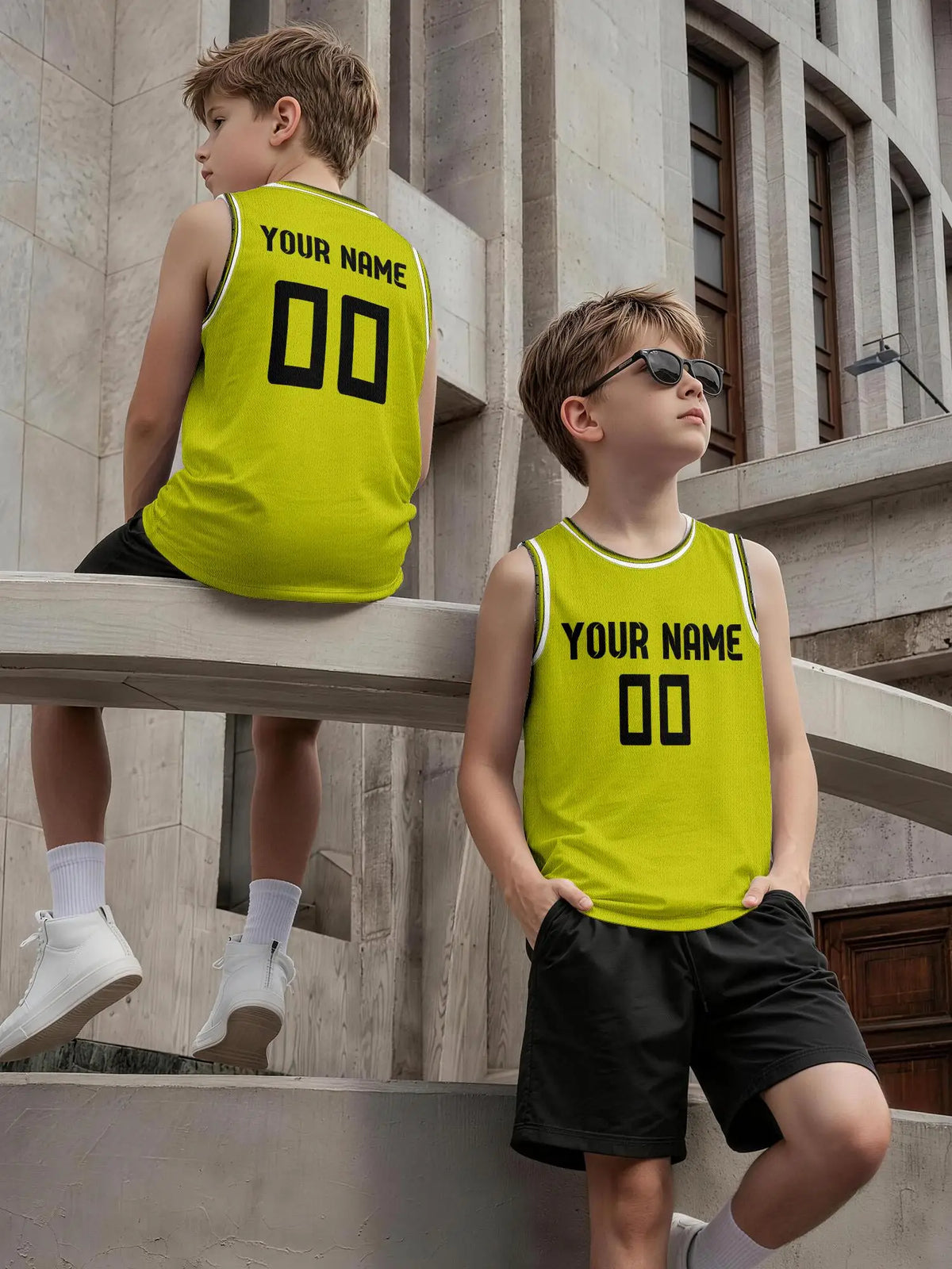 Lime‑Yellow White‑Trim Custom Kids Basketball Jersey, Breathable Mesh Quick‑Dry Sport Tank With Personalized Name Number