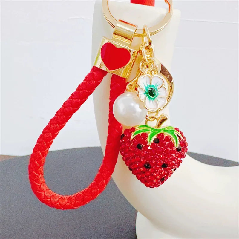 Cute Rhinestone Fruit Charms Keychain Lovely Fruit Pendants Keyrings For Women Kids Car Key Decor Party Jewelry Gift