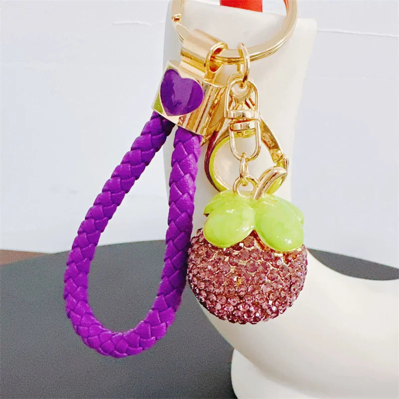 Cute Rhinestone Fruit Charms Keychain Lovely Fruit Pendants Keyrings For Women Kids Car Key Decor Party Jewelry Gift