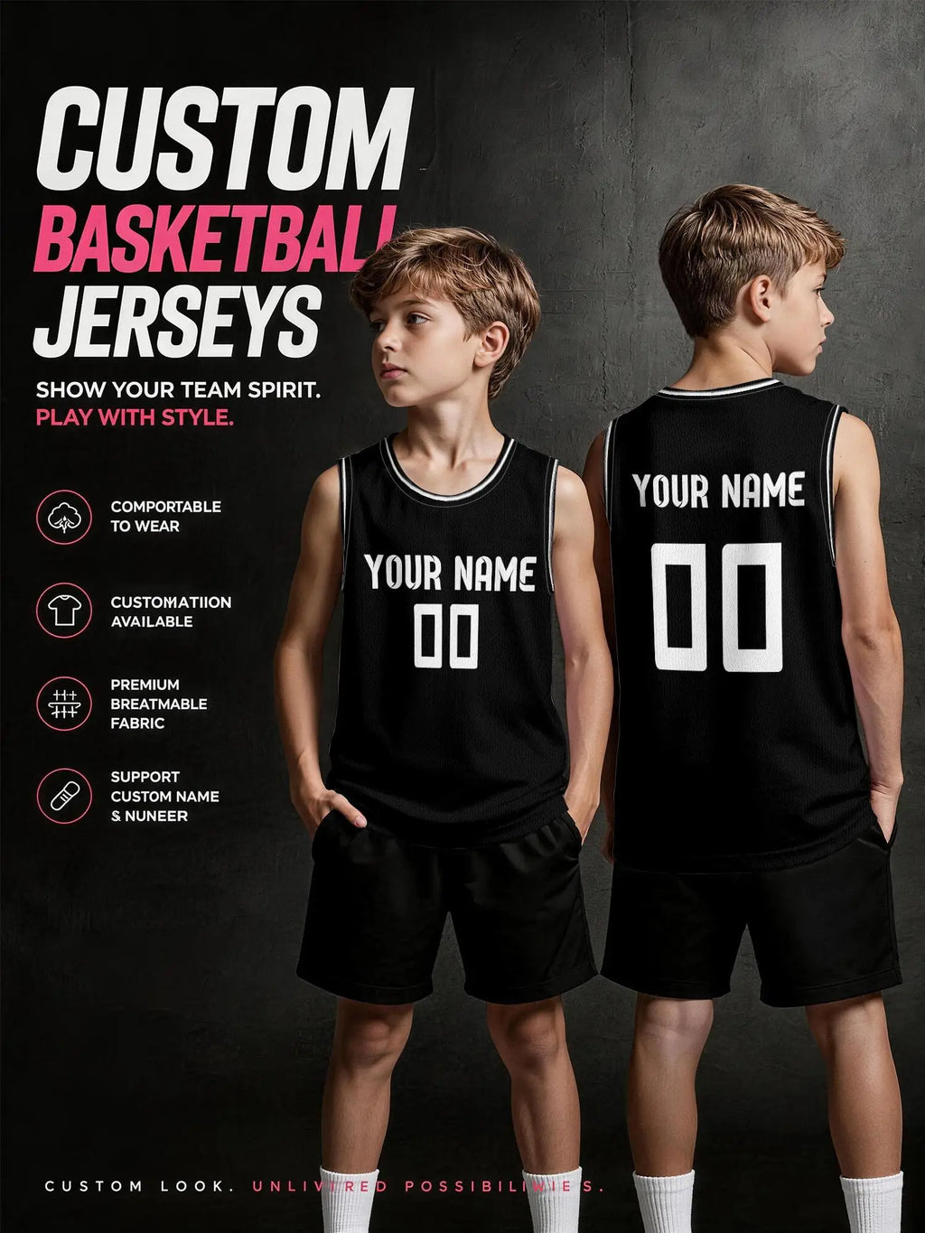 Solid‑Black White‑trim Custom Basketball Jersey, Breathable Mesh Vest For Name & Number Print