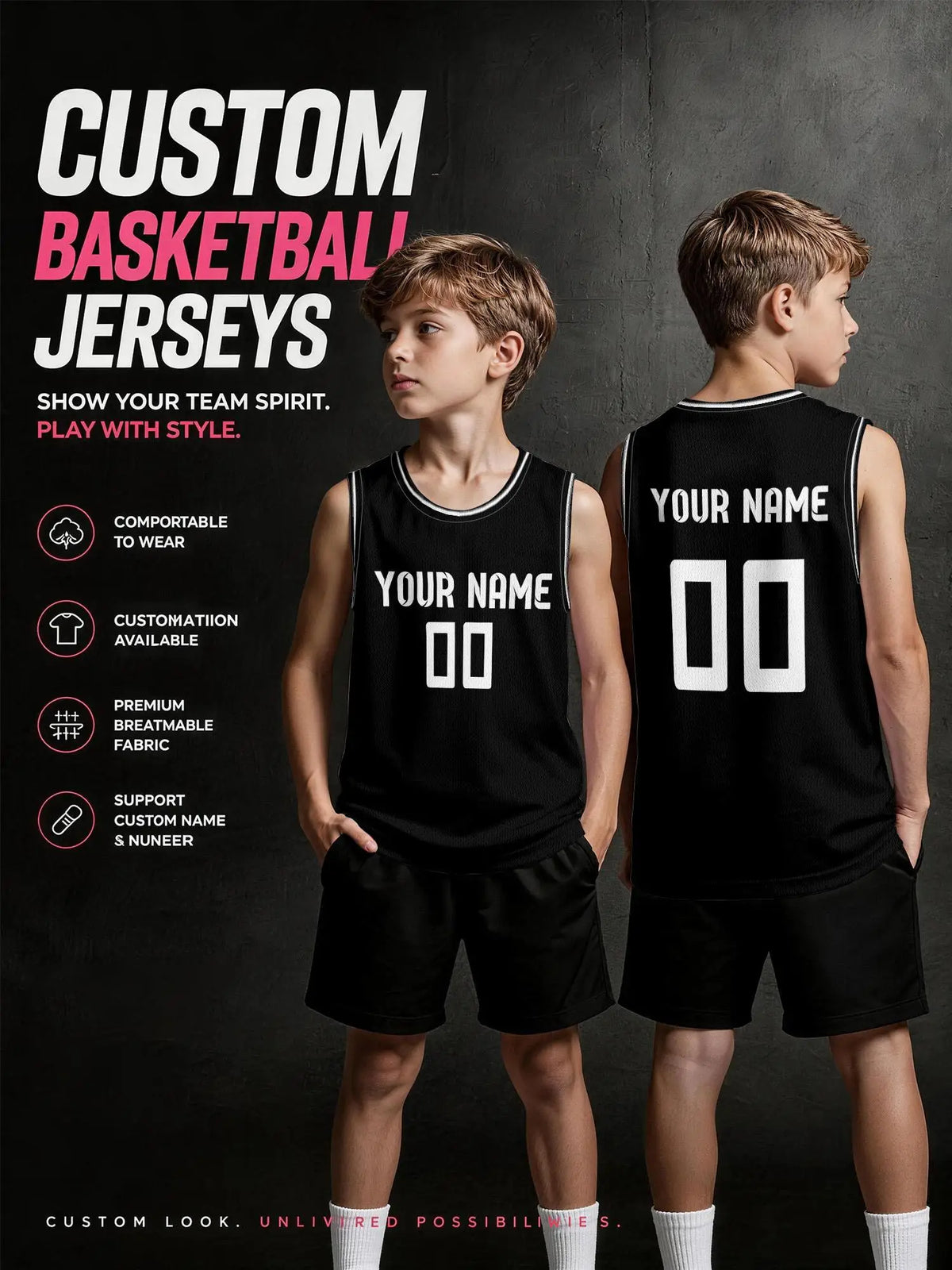 Solid‑Black White‑trim Custom Basketball Jersey, Breathable Mesh Vest For Name & Number Print