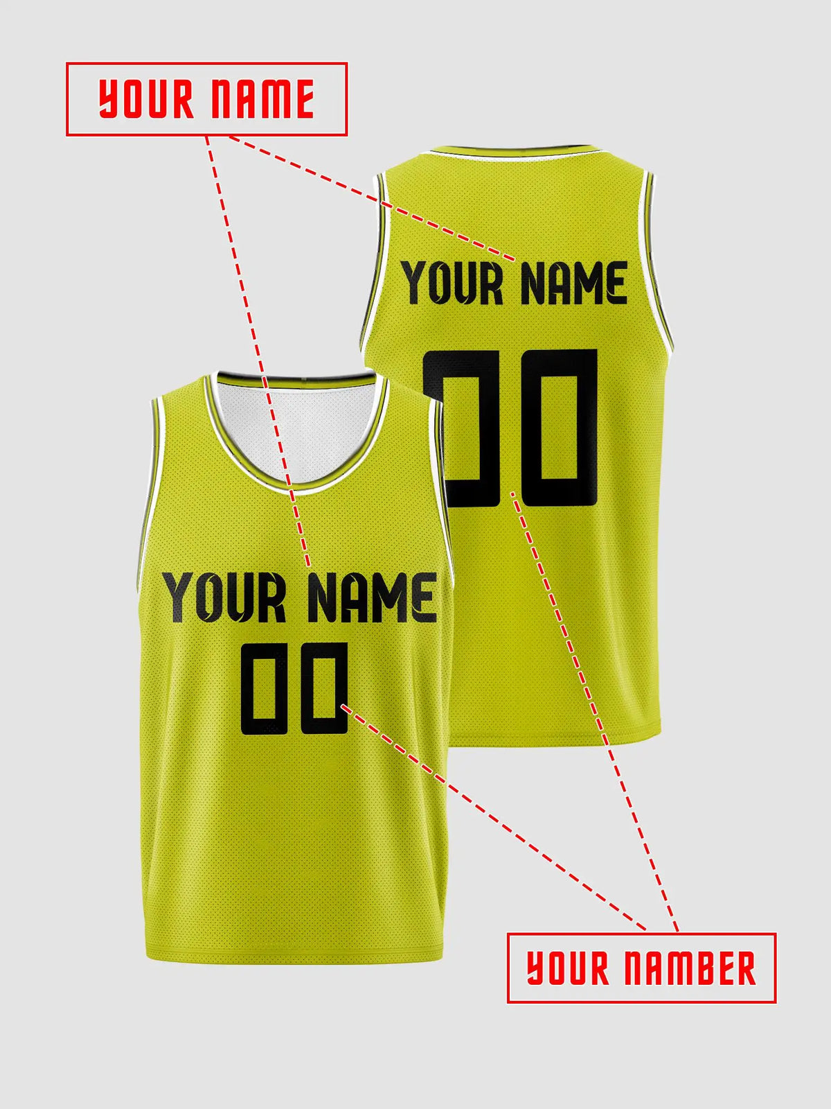 Lime‑Yellow White‑Trim Custom Kids Basketball Jersey, Breathable Mesh Quick‑Dry Sport Tank With Personalized Name Number