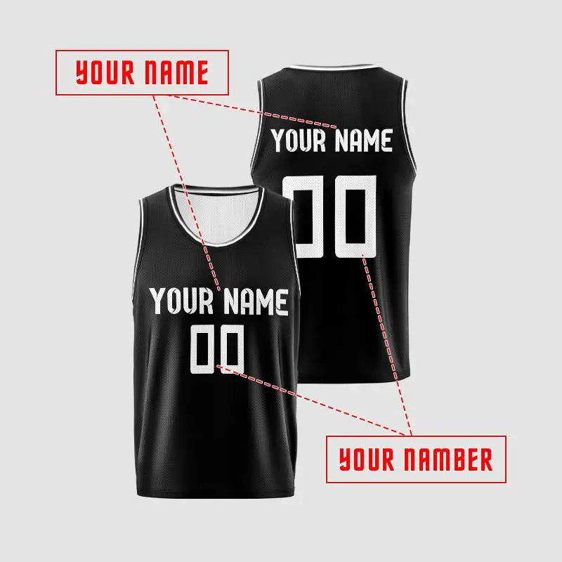 Solid‑Black White‑trim Custom Basketball Jersey, Breathable Mesh Vest For Name & Number Print