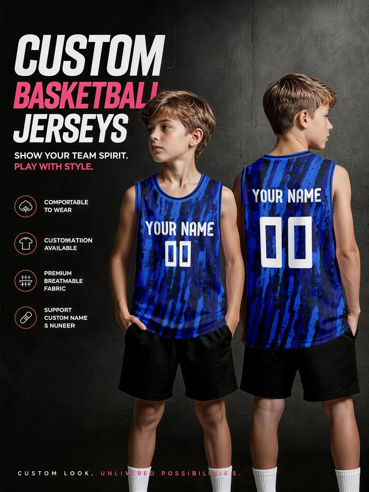 Royal‑blue Vertical Graffiti Custom Basketball Jersey for Adults & Kids, Breathable Mesh For Name‑Number Printing